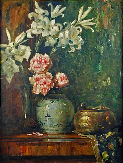 1857-Karl Rickelt - Natura morta con iris, peonie e vaso con manico